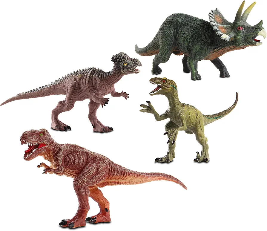 NKOK WowWorld: Poseable Dinosaurs Playset Medium 4-Pack Set - #3321 Includes T-Rex, Triceratops, Pachycephalosaurus, & Velociraptor, Dinosaurs Measure Between 3.5”-5” Tall & 8”-9.5” Long