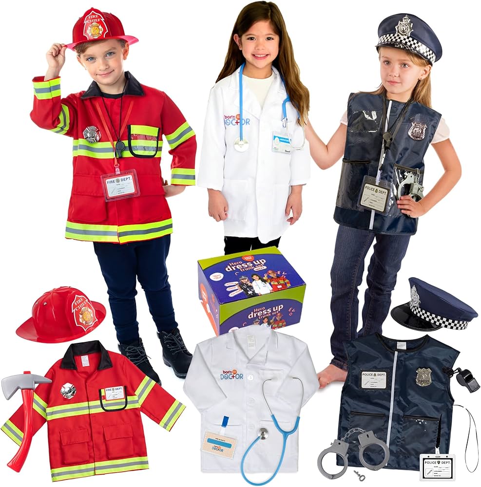 Born Toys Premium 16pcs Costume Dress up Set for Kids Ages 3-7 Fireman,Police Costume, and Doctor All Sets are Washable and Have Accessories