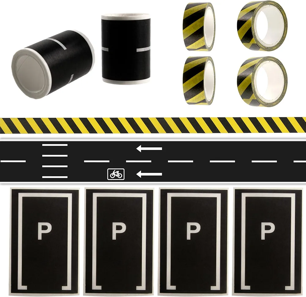 EKIND Play Tape Black Road Set 2 Rolls 196"X2" Straight Track Road Tape, 4 Pcs 196"X0.6" Black and Yellow Warning Tape, 4 Pcs Parking Space Stickers, Toy Car DIY Traffic Road Removable Tape (Set B)