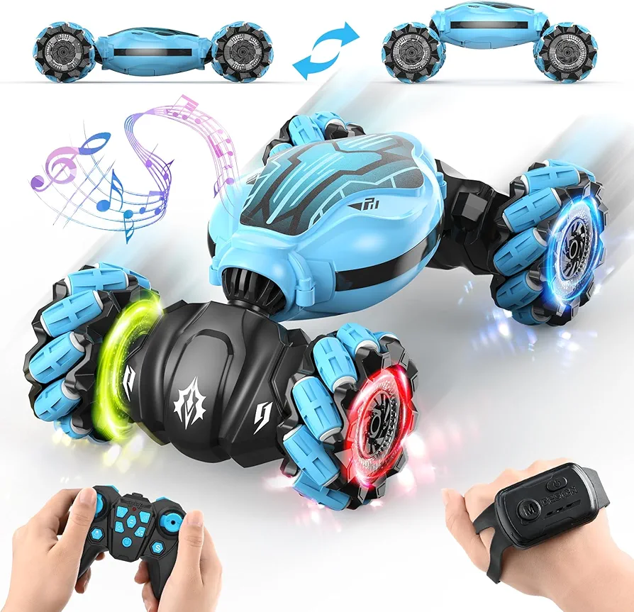 ATTOP Gesture Sensing RC Stunt Car, Toys for Boys Girls 6-12, 4WD 2.4GHz Remote Control Car, Hand Controlled RC Car with Lights & Music, Double Sided Rotating RC Drift Toy Car for Kids Birthday Gift