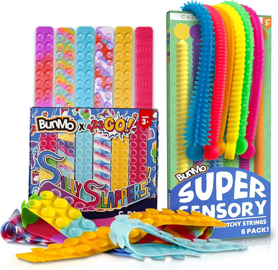 BUNMO Bundles Silly Slappers & Super Sensory Stretchy Strings | Fun Suction Slappers for Wild Fun | Sticky Hands | Monkey Stretch Noodles | Slap Bracelets | Sensory Toys for Autistic Children