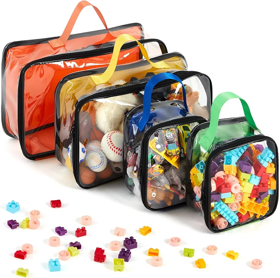 4 Pcs Toy Storage Bags PVC Travel Organizer Case Clear Reusable Toy Carrying Case with Portable Handheld for Building Blocks Car Toy Dolls Crafts Board Games Clay Puzzles Books Storage