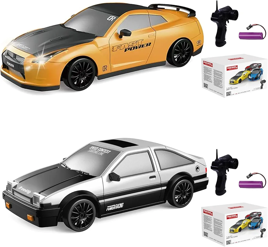 2PCS RC Drift Car 2.4GHz 1:24 Scale 4WD High Speed Remote Control Cars Vehicle with LED Lights Batteries and Drifting Tires Racing Sport Toy Cars for Adults Boys Girls Kids Gift