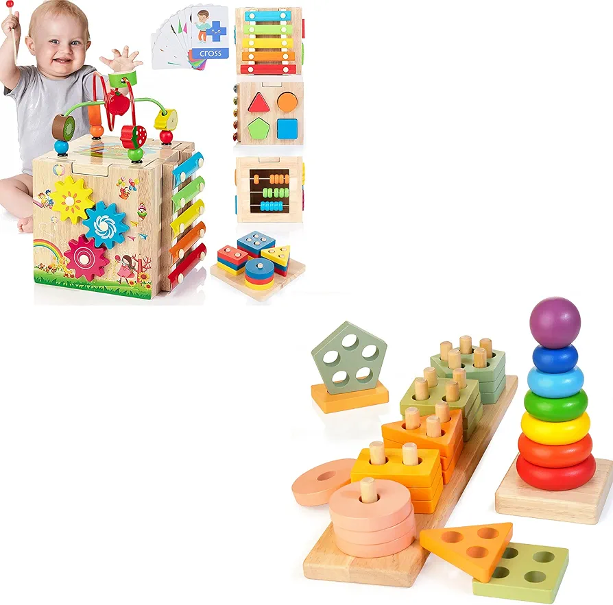 Bravmate Wooden Activity Cube & Sorting Stacking Toys, Preschool Learning Educational Toys