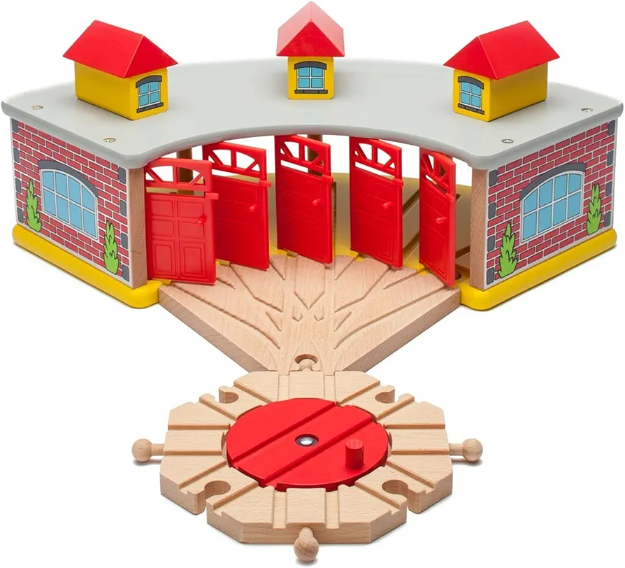 inc. Wooden Train Round House Combo with Rotating Turntable, Train Shed to House 5 Engines or Cars, Rotating Turntable Switching Track Compatible with Major Brand Railway Sets