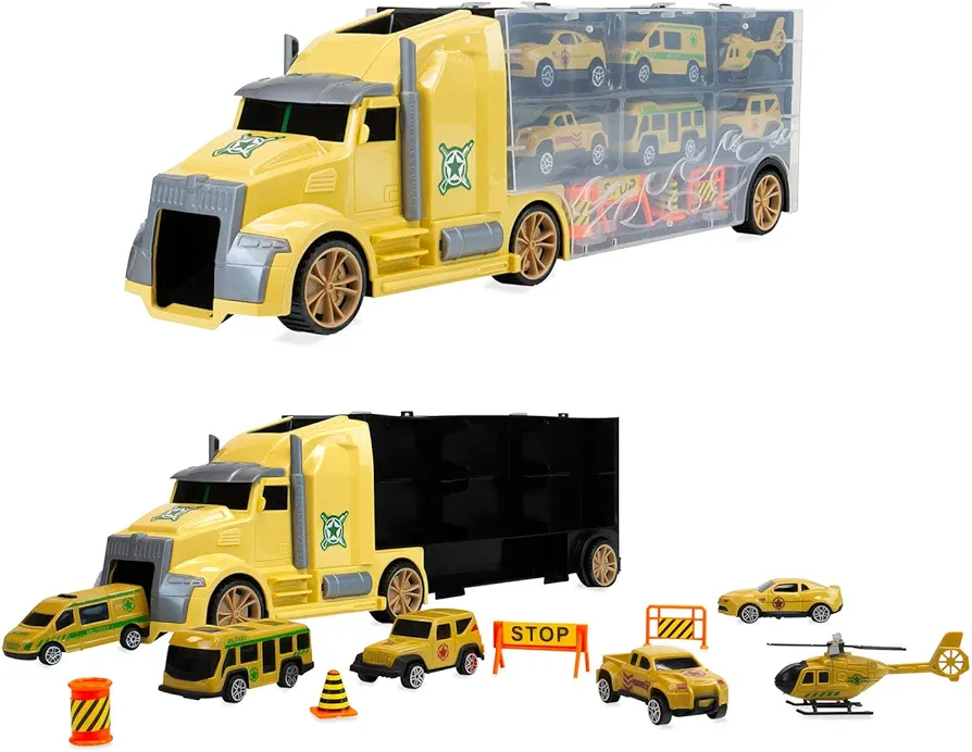 11 in 1 Transport Car Die Cast Construction Truck Big Rig Vehicle Toy Car Play Vehicles in Carrier Truck, Kids Car Toys Carrier Truck Toy Set