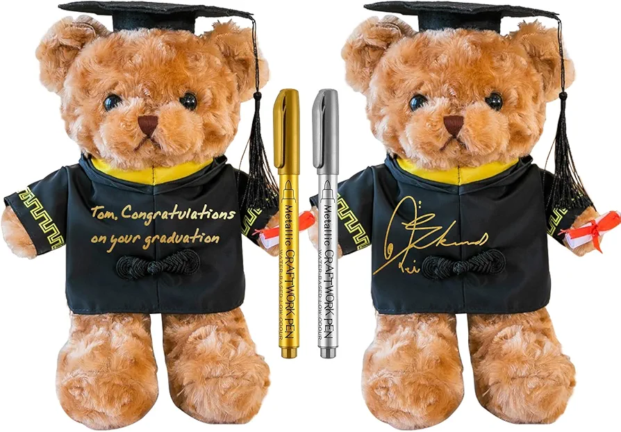 2 PCS Graduation Autograph Plush Bear with 2 Colors Pens Class of 2024,12in Brown Graduation Plush Bear Toys with Hat for Kindergarten Elementary High School College Graduation Party School