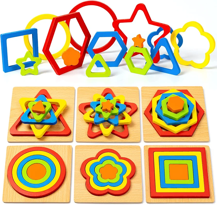 Toddler Puzzles for Kids Age 1 2 3 4 Year Old, 6 Pack Montessori Shape Sorting Puzzle Toddler for Girl boy Activities Preschool Learning Early Educational Birthday Gift Travel Autistic Wooden Toys