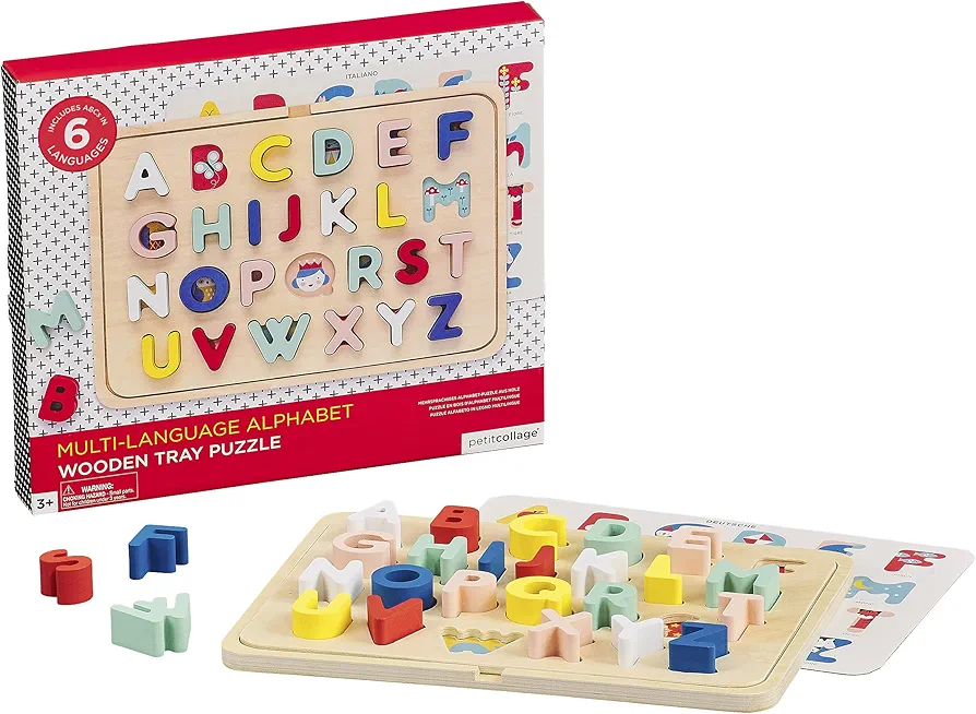 Petit Collage Multi-Language Alphabet Wooden Jigsaw Tray Puzzle – ABC Puzzle with 26 Letter Pieces and 4 Icon Sheets, Language Development Toys in English, French, Italian & German, Ideal for Ages 3+