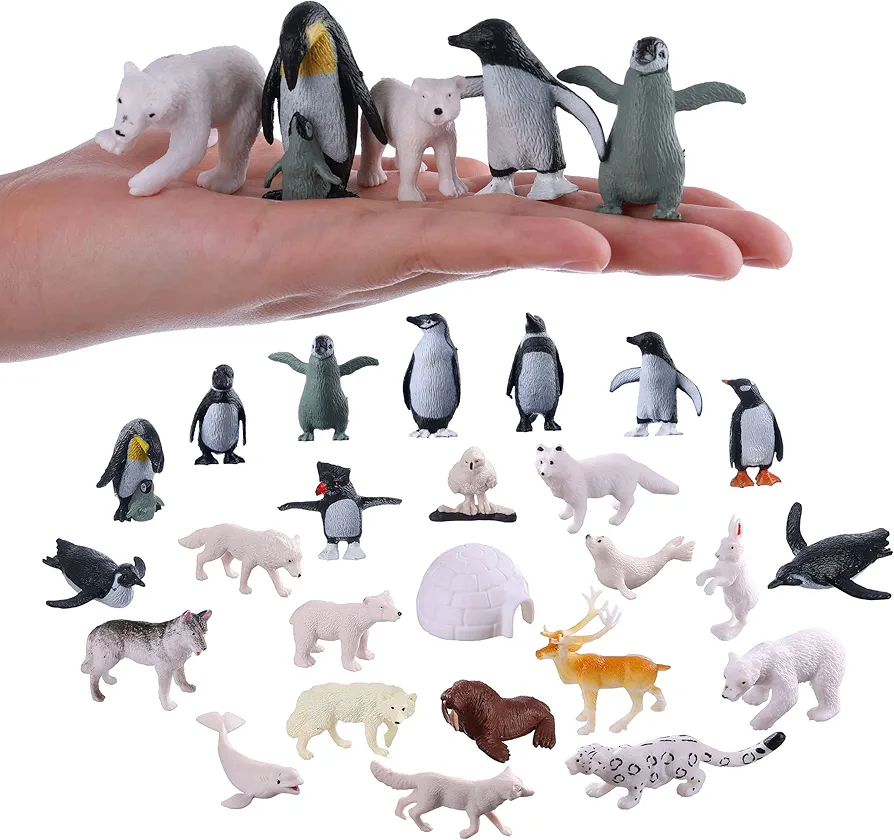 Small Polar Animals Figurines, 25pcs Realistic Plastic Penguin Polar Bear Action Model for Early Educational, Birthday Cupcake Topper for Kids