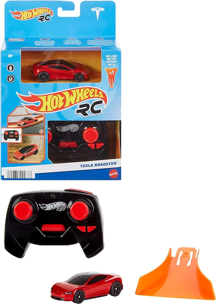 Hot Wheels Toy Car RC Tesla Roadster in 1:64 Scale, Remote-Control Vehicle with Controller & USB Cable, Works On & Off Track