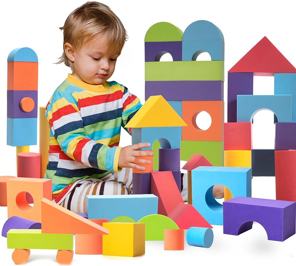 Set of 34 Jumbo Large Foam Blocks for Toddlers - Stacking Soft Blocks for Kids with Shapes & Colors Learning - Construction Building Preschool Toys - Giant Foam Blocks for Daycare Toddlers 3-5 & Above