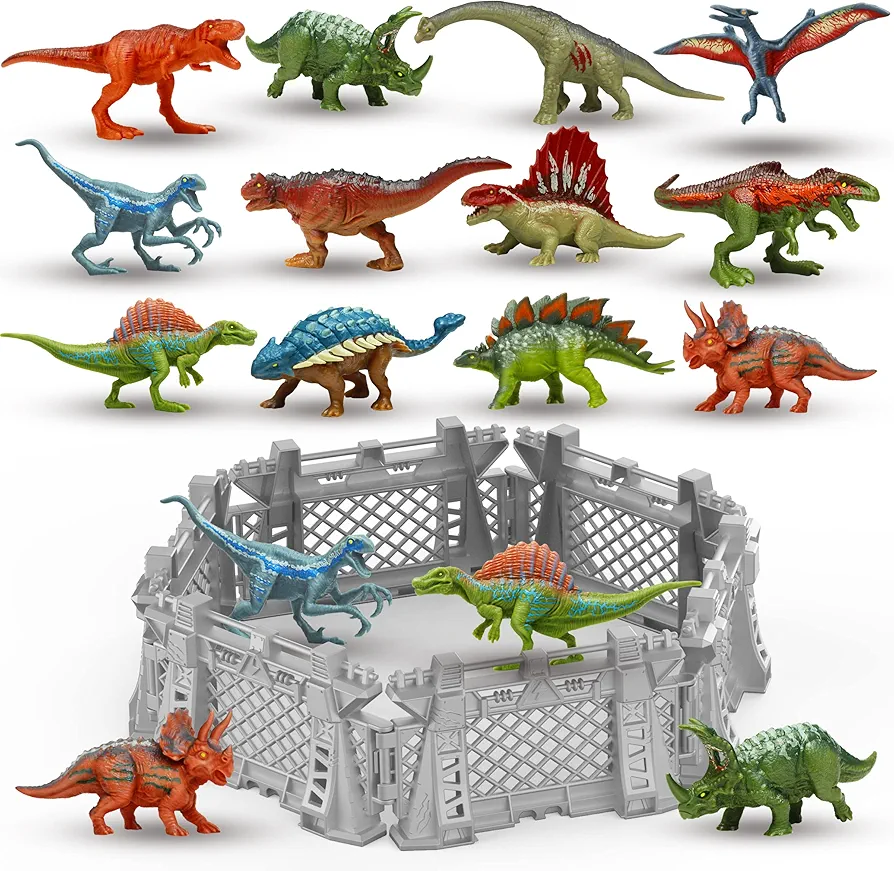 12PCS Mini Dinosaurs Figures Figurines Toys for Kids 3-5 5-7, Capture n Escape Dino World Playset, Including 6 Dinosaur Fences, Realistic Jurassic Sets for Little People Birthday Gifts Cake Topper