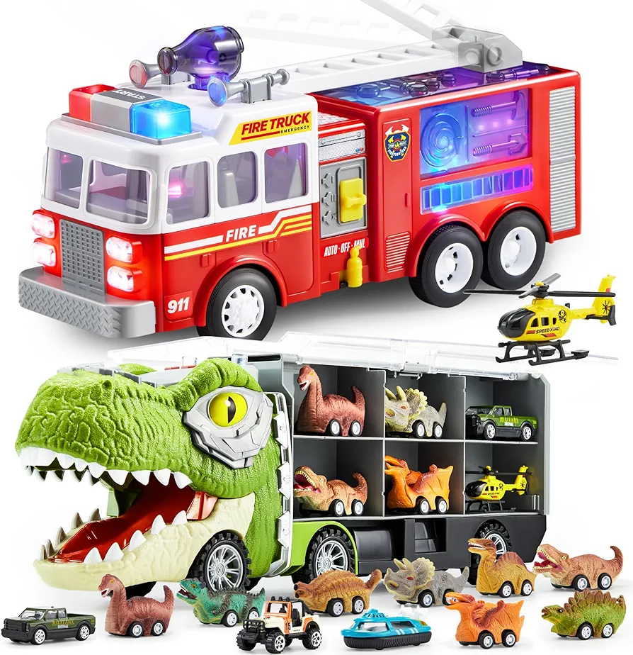 JOYIN LED Fire Truck Toy for Toddlers, Bump and Go Fire Engine Trucks with Mode Switch & Volume Control, 13 in 1 Dinosaur Truck Toys for Kids 3-5, 12 Pull Back Dinosaur Vehicles