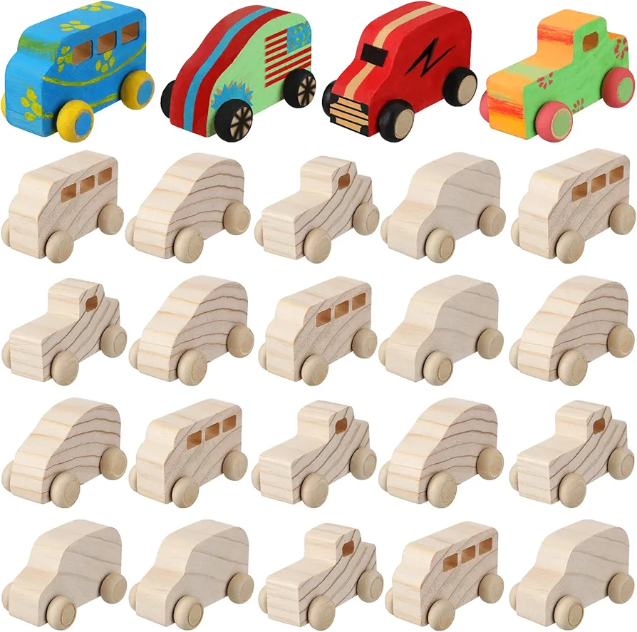 Chivao 24 Pcs Wood DIY Car Toys, Unfinished Wooden Cars, Paintable Wood Toys, Wooden Crafts for Students Home Activities Craft Projects Easy Woodworking (Novelty Style)