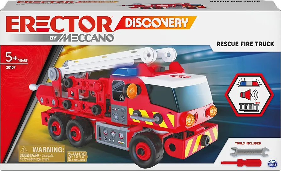 Meccano Fire Truck Toy Model Car Kit (152 pcs): Battery-Powered Siren Sound, Lights & Swiveling Ladder (Ages 5+) STEAM Vehicle Building Set with 2 Kid Construction Tools, 150 Snap-in Parts & Stickers