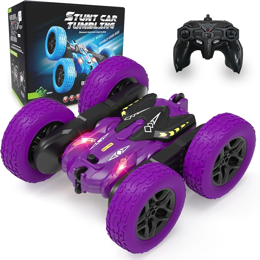 Remote Control Car, RC Car with Double Sided 360°Rotating and Lights, Rechargeable 4WD Off Road Stunt Car Toys, 2.4Ghz All Terrain Drift Toys for Boys Girls Kids Ages 6-12 Birthday Gift(Purple)