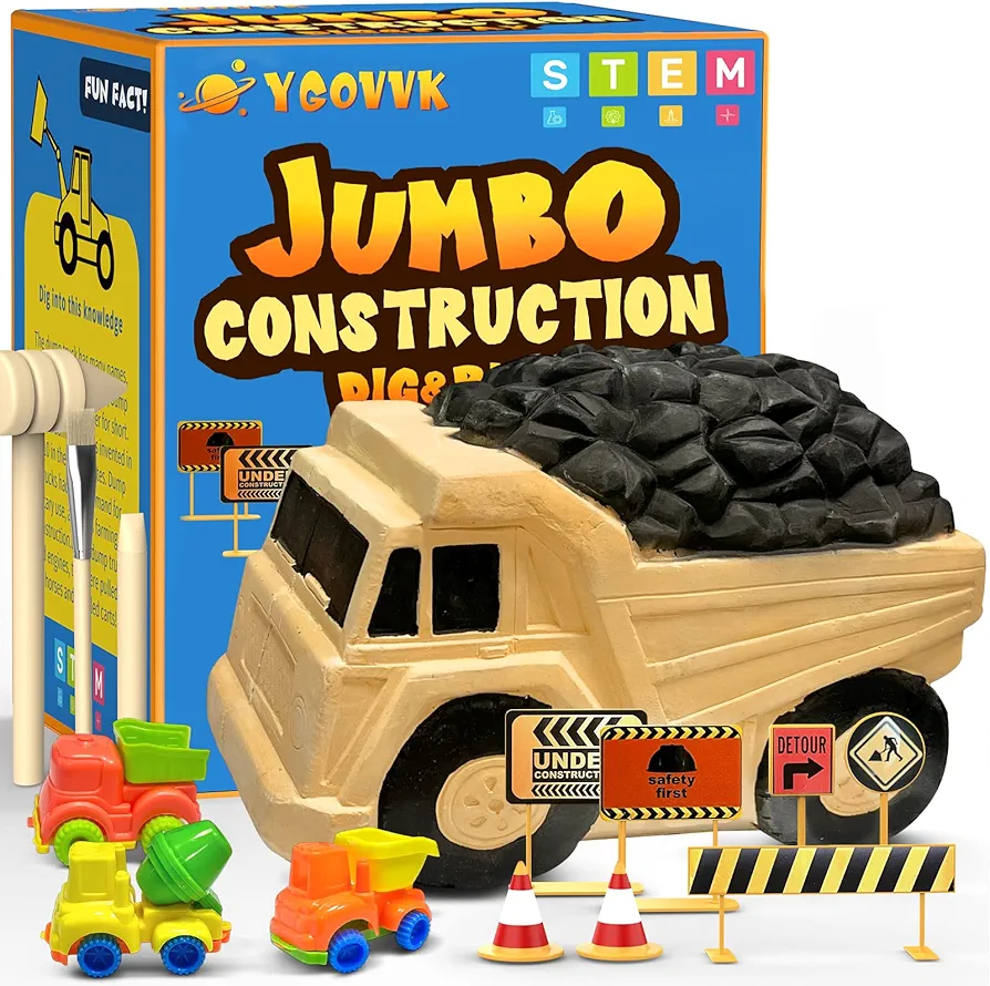 Construction Truck Toys, Dig Kit Car Toys for Kids Age 3-12, Break Open Giant Truck Discovery with Surprise Truck Inside, Science STEM Birthday Class Activity Party Gifts for Boys Girls