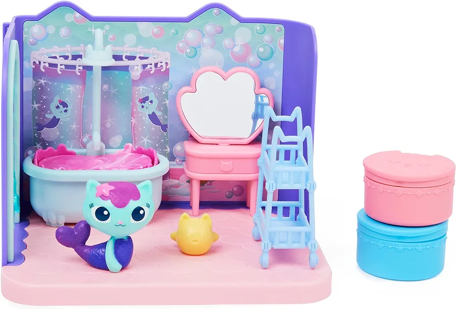 Gabby’s Dollhouse, Primp and Pamper Bathroom with Mercat Figure, 3 Accessories, 3 Furniture and 2 Deliveries, Kids Toys for Ages 3 and up