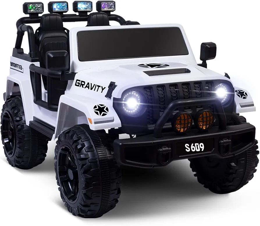 2 Seater Ride On Truck, 12V Battery Powered Vehicle w/ Parental Remote Control， Music, MP3, Safety Belt, LED Lights, Spring Suspension，3 Speeds Electric car for Boys Girls（White）