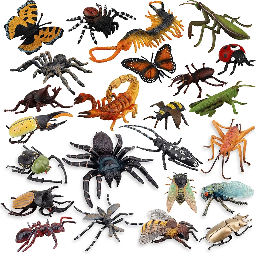 Toymany 24PCS Realistic Insects Figures Toys - Plastic Bugs Figurines Set include Spider Ladybug Butterfly Cicada Cricket Bee Ant - Halloween Party Favor School Project Christmas Birthday Gift for Kid