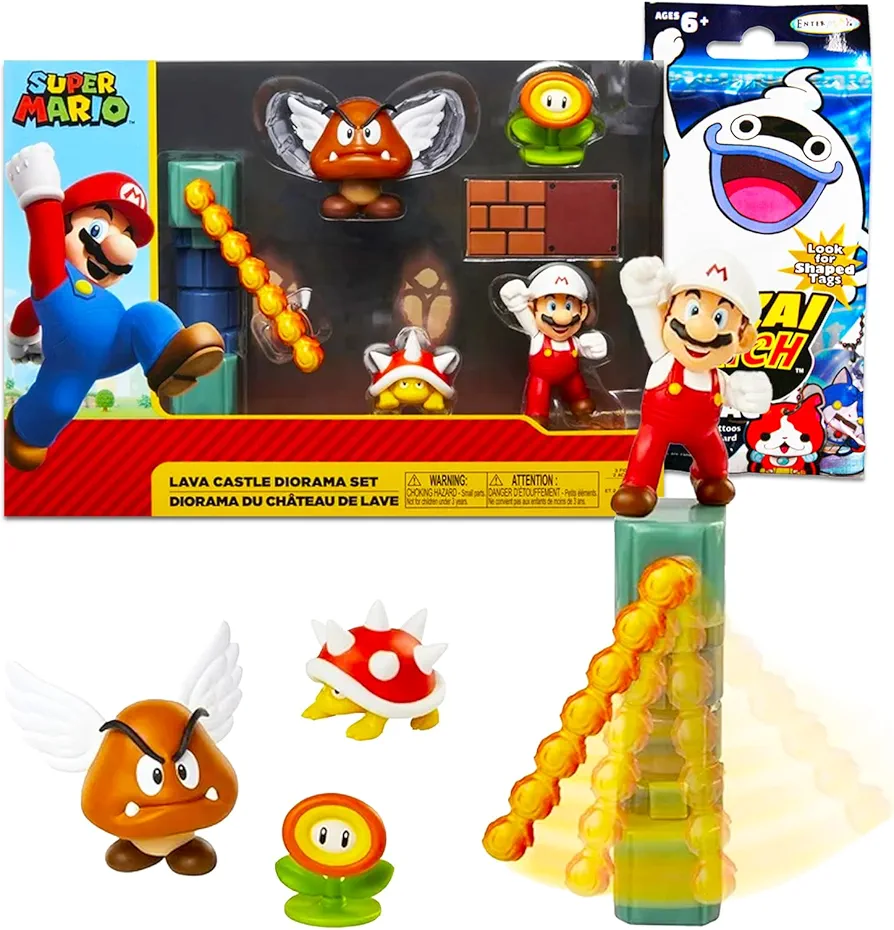 Super Mario Diorama Set for Kids - Bundle with Mario Diorama Playset with Super Mario Figurine, Interactive Pieces, and More | Super Mario Lava Castle Play Set