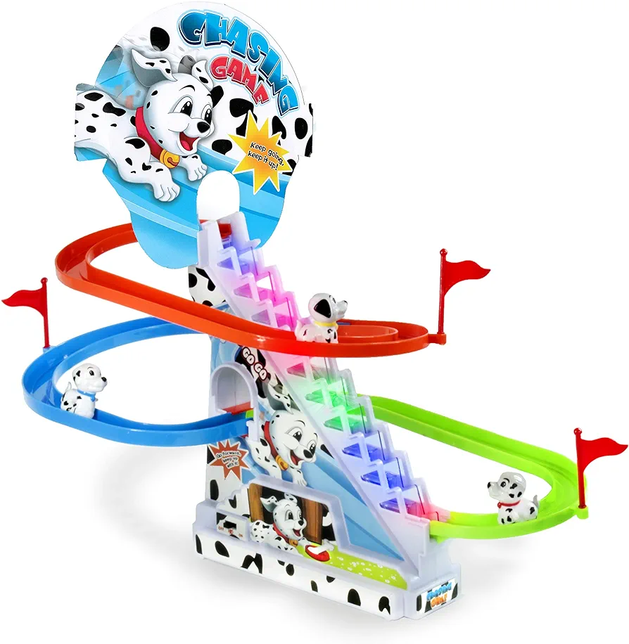 Dalmatian Slide Toy Set: Sliding Dogs Track Set Stair Climbing Dalmatians Puppy Playset with Music On/Off Switch for Quiet Play Option - for Extra Dalmatians Search for ASIN B078WC33SF.