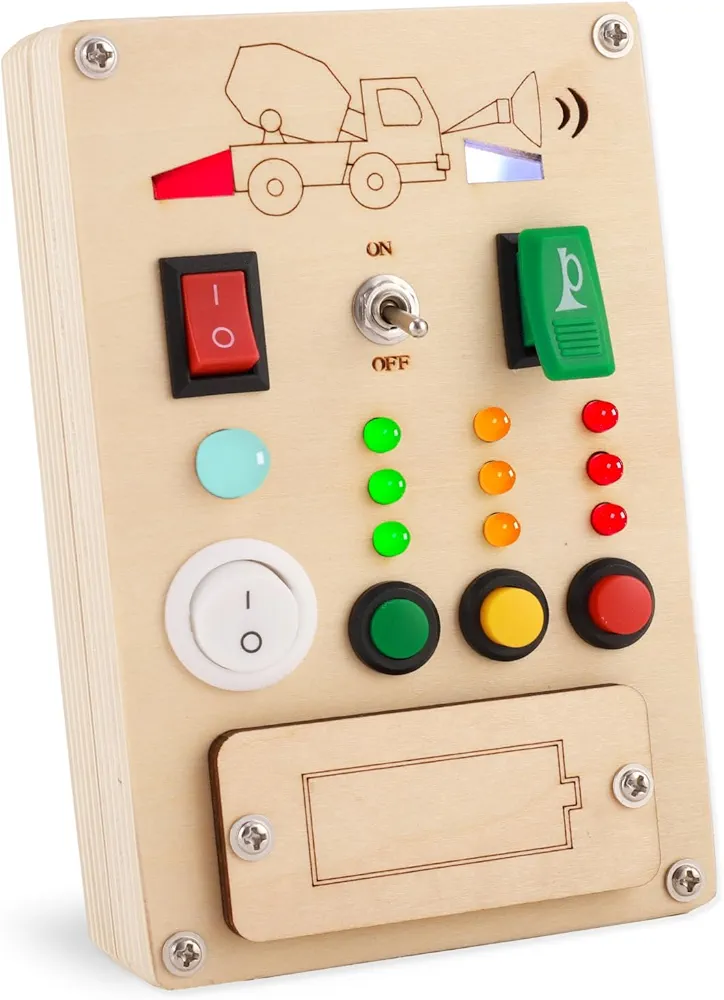 Busy Board Montessori Toys for 1 Year Old Led Button Push Toys Light Switch Preschool Learning Toys Wooden Sensory Toys for Toddlers 1-3 Baby Gifts Travel Fidget Toy (Vehicle Theme Light Toy)