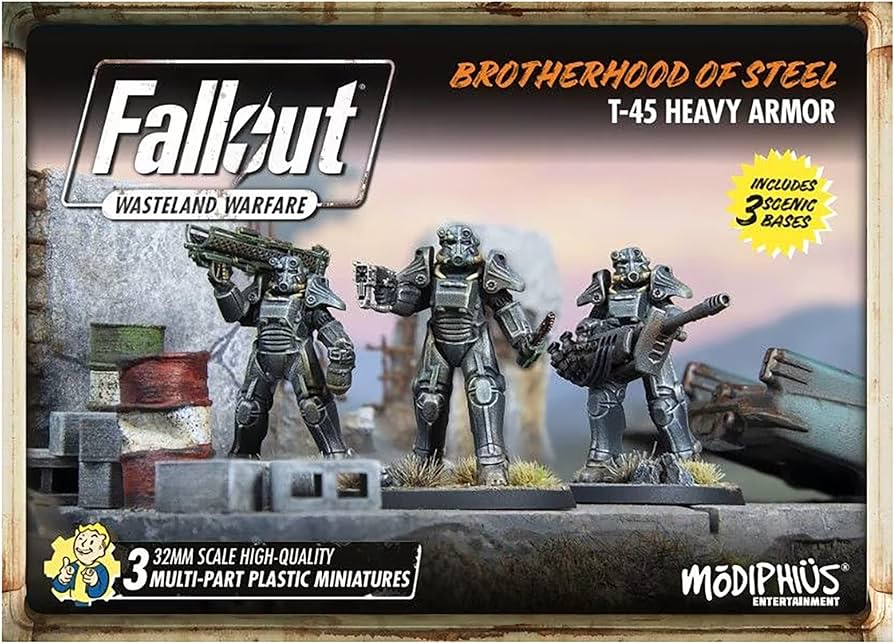 Modiphius Entertainment Ltd Fallout Wasteland Warfare: Brotherhood of Steel - Heavy Armor (T45) - 3 Miniatures, 32mm Unpainted Figures