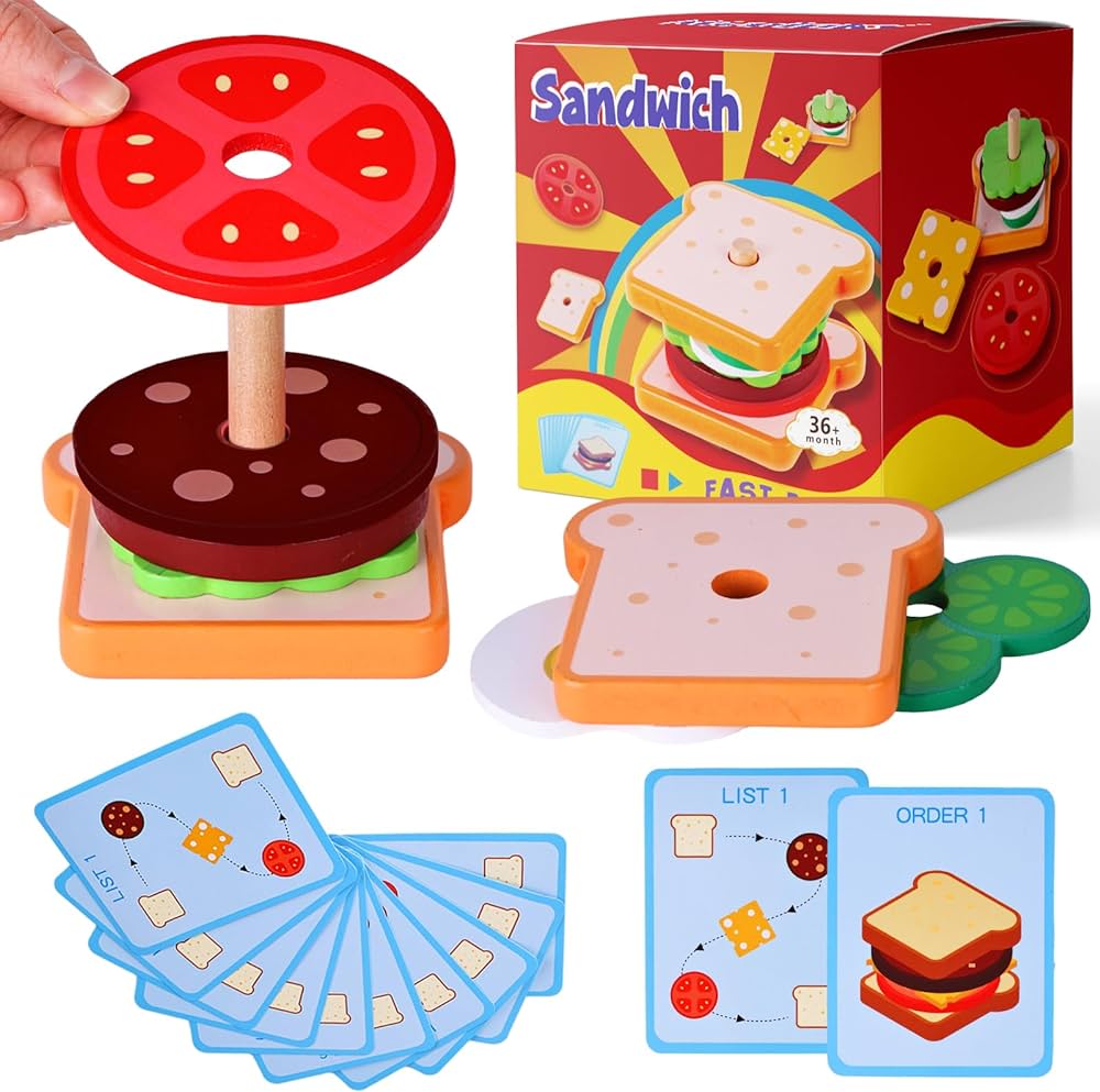 MCPINKY Wooden Stacking Toys, Montessori Toys for Kids Sandwich Stacking Toys Educational Preschool Learning Toys for Boys Girls Birthday Gifts