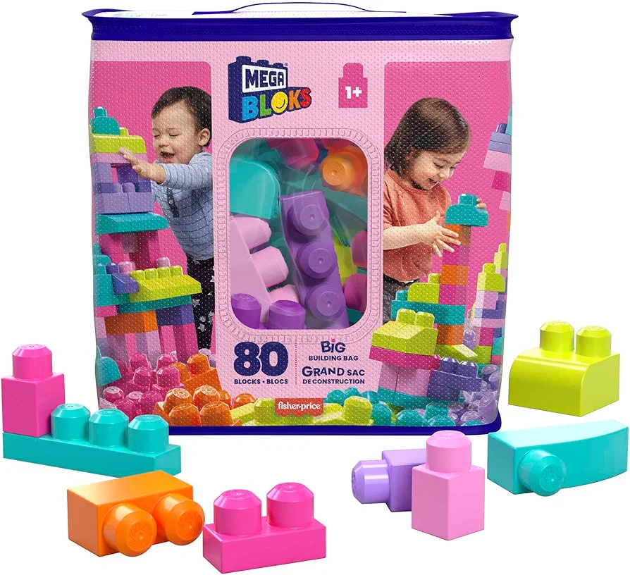 MEGA BLOKS First Builders Toddler Blocks Toys Set, Big Building Bag with 80 Pieces and Storage, Pink, Ages 1+ Years