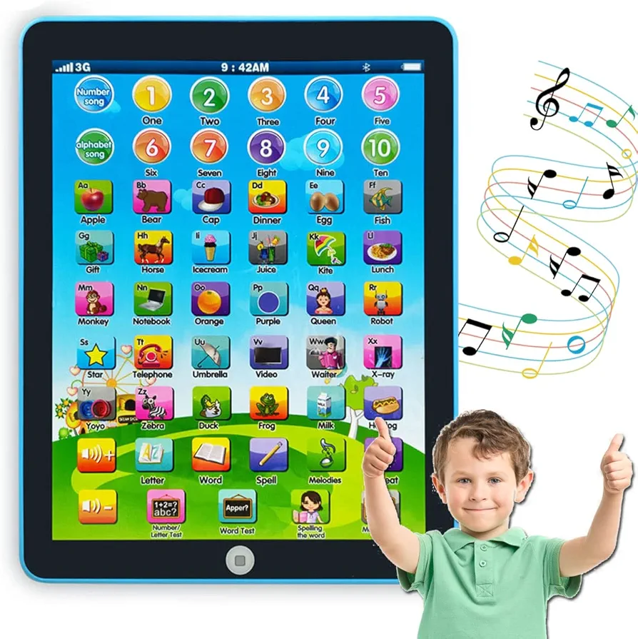 Kids Learning Pad/Tablet Interactive Toddler Toys with Words Numbers Alphabets Music English Electronic Educational Toy for Preschool Boys & Girls 3-8 Years Old (Blue)