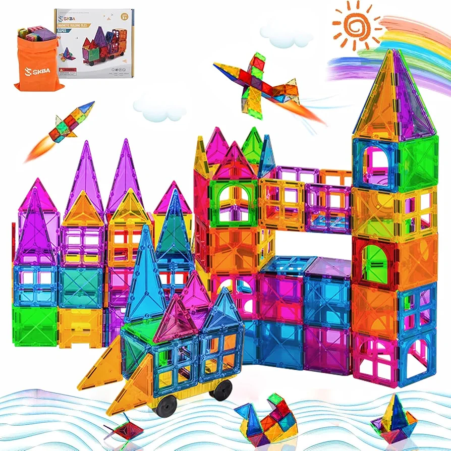 Magnetic Tiles Building Blocks with Car Colorful Sensory Toys for Kids 3-12 Eco-Friendly 3D Magnetic Blocks for Toddler Construction Educational STEM Toys