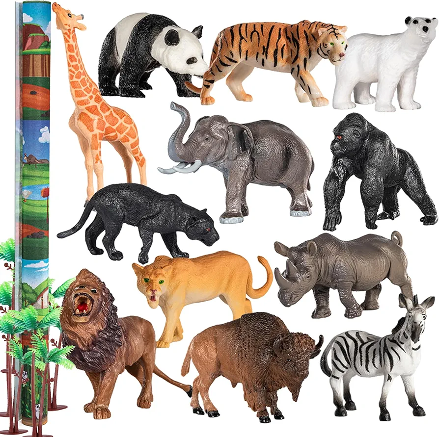 TEMI 12 Pack Zoo and Safari Animal Toys for Kids 3-5 Years, Jungle Wild Realist Animal Figures Playset Including Lion, Tiger, Panda and A Playmat- Party Favors Gift for Toddlers Boys and Girls