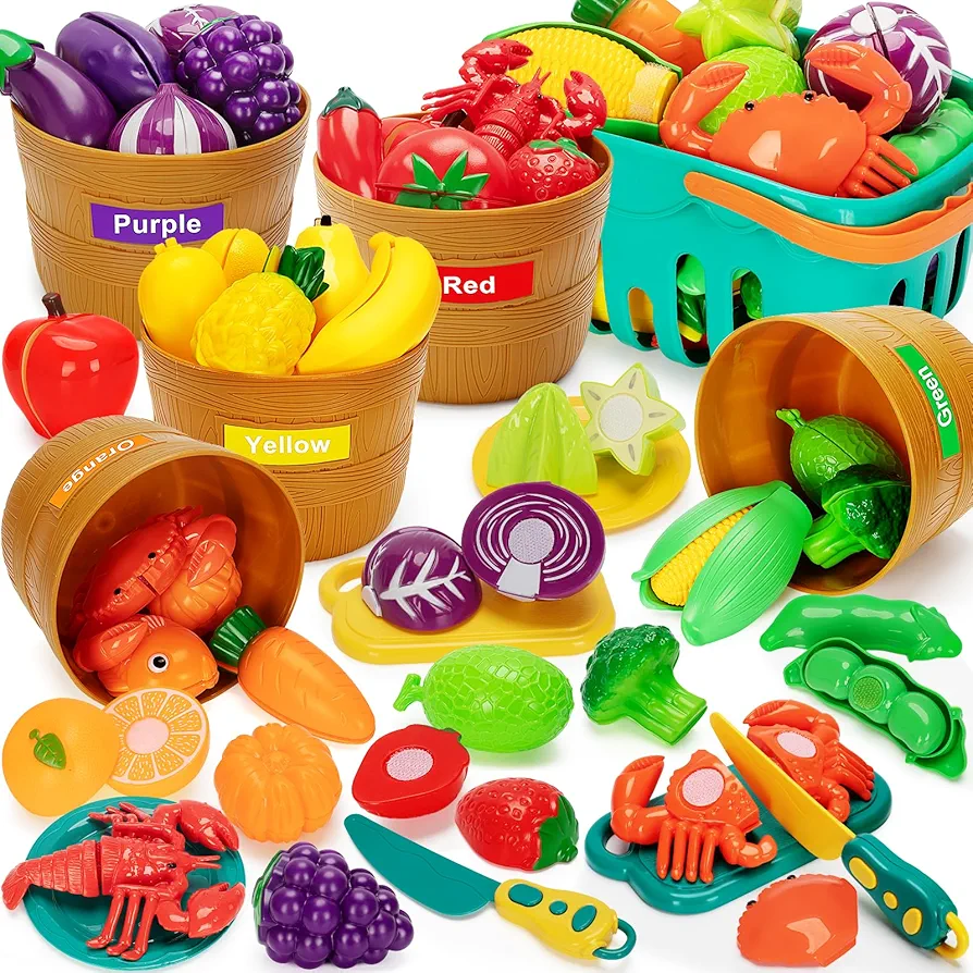 Play Food Set for Kids Kitchen- 68 Pcs Pretend Kitchen Food Toy for Toddlers, Cutting & Color Sorting Fake Food/ Fruit/ Vegetable Accessories, Birthday Gifts for 2 3 4 5 Years Old Boys Girls