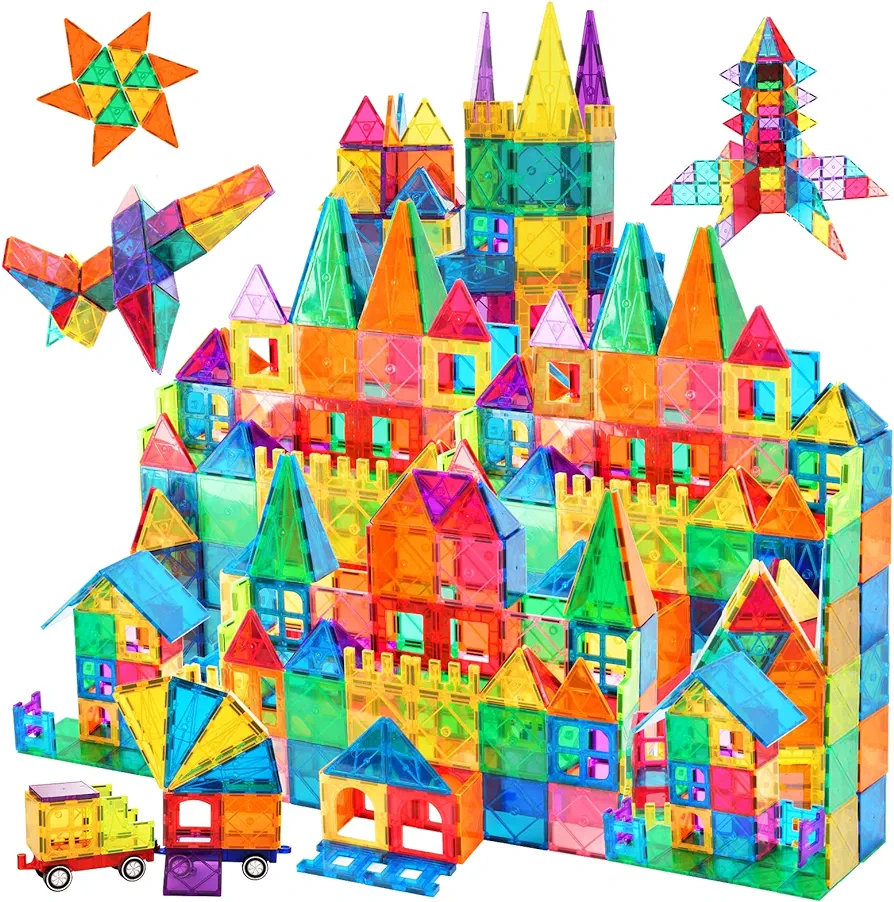 130 PCS Magnetic Tiles Building Blocks 3D Clear Construction Playboards, Inspiration, Creativity Beyond Imagination, Educational Magnet Toy Set for Kids with 2 Cars