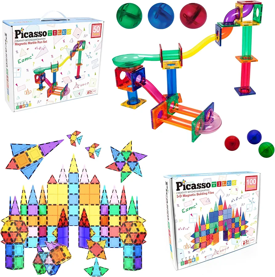 PicassoTiles 50PC Marble Run Race Track + 100PC Magnet Tiles Fun & Creative Playset Bundle: STEAM Learning & Educational Sensory Toy for Preschool & Kindergarten Kids Ages 3+, A Classroom Must Have