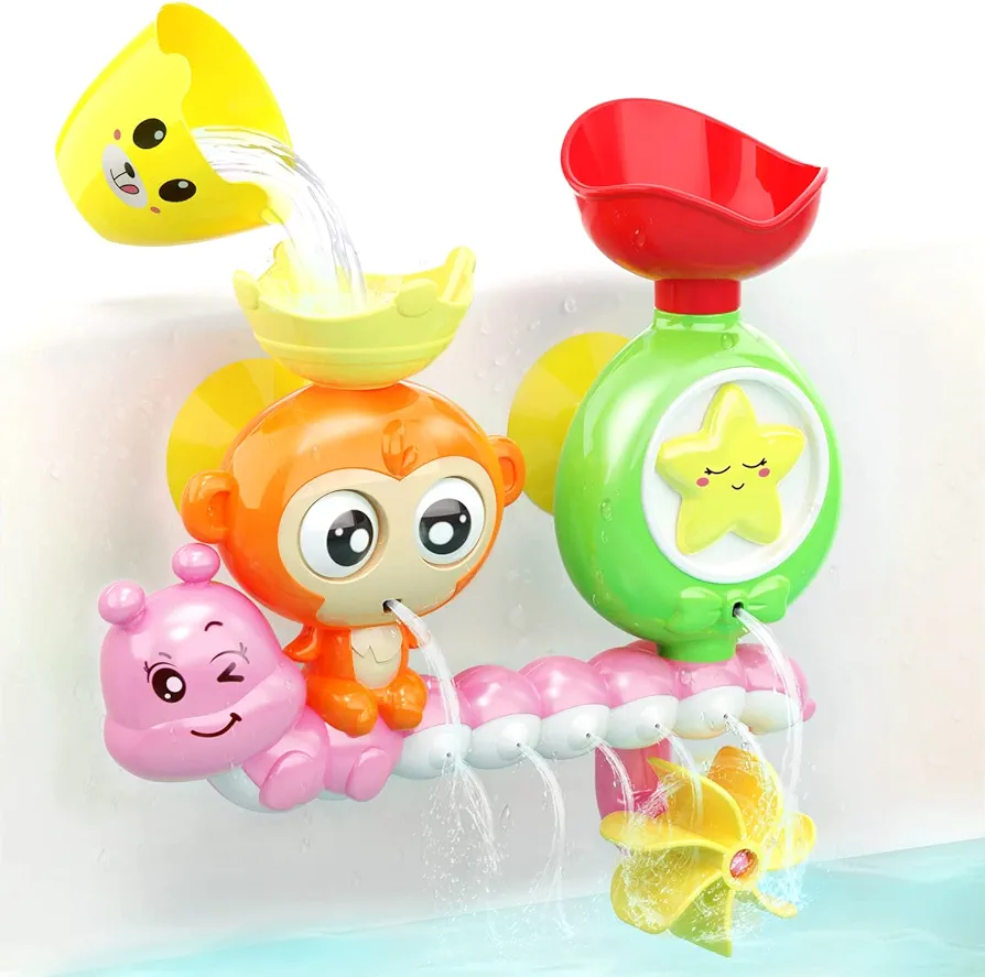 G-WACK Bath Toys for Toddlers Age 1 2 3 Year Old Girl Boy, Preschool New Born Baby Bathtub Water Toys, Durable Interactive Multicolored Infant Toy, Lovely Monkey Caterpillar,Strong Suction Cups Pink