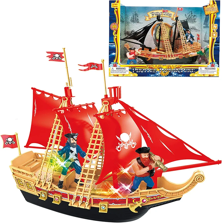 Mozlly Pirate Ship Toy Play Set with Lights and Sound – Colorful Pirate Model Ship Kit for Kids – Assembled Pirate Toy Ship Model Boat with Pirate Figures – 11.5 Inch