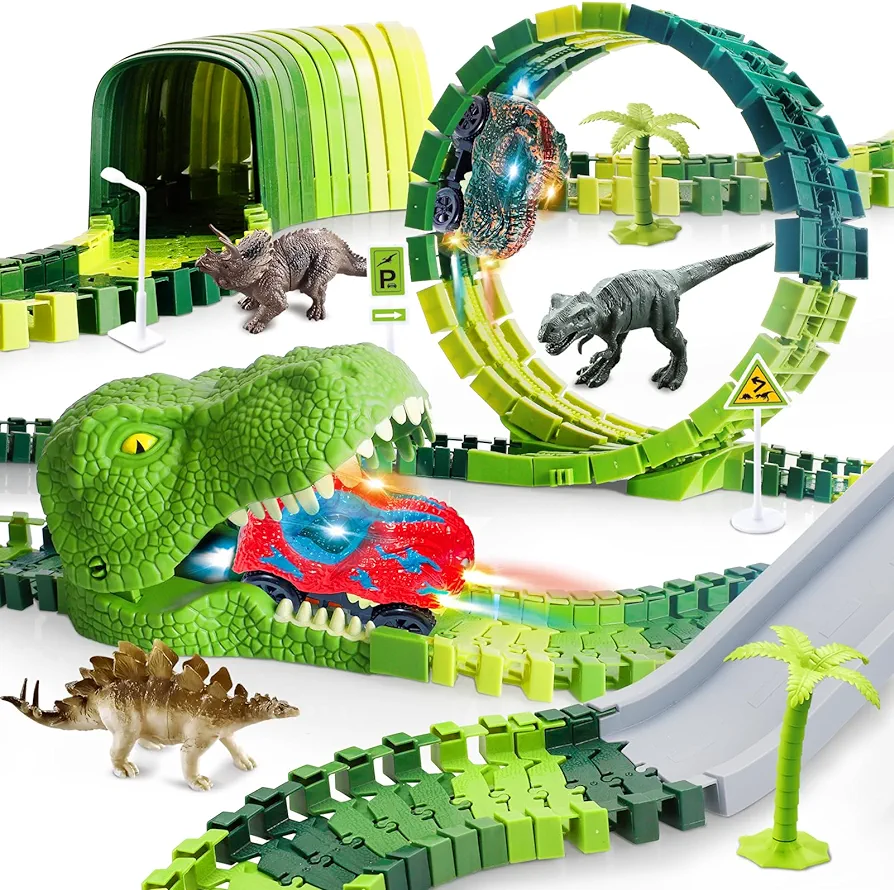 Dinosaur Race Track Toys for Kids Toddlers,206PCS Create A Dinosaur World Road Race, Birthday Gift Dinosaur Toys for 3 4 5 6 7 8Years Old Boys and Girls,Flexible Train Tracks with 2 Race Cars