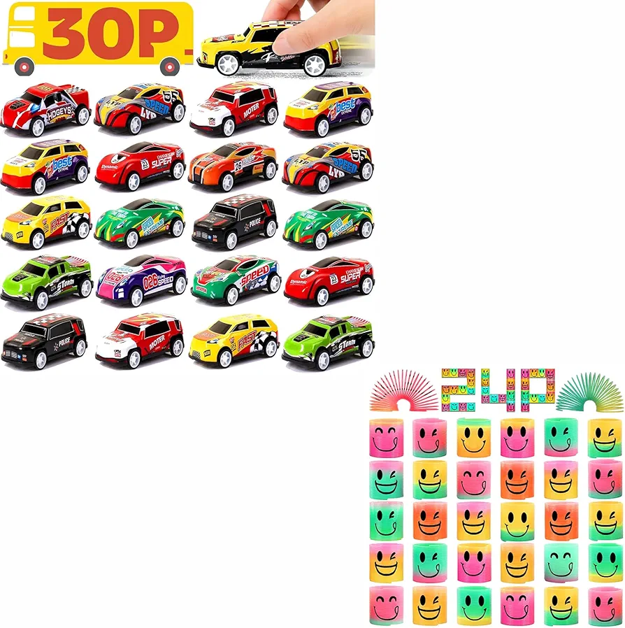 AZEN 30 Pcs Pull Back Cars & 24 Pcs Mini Spring Favors for Kids, Goodie Bags Stuffers for Birthday Party, Classroom Prizes Kids Prizes, Small Bulk Toys Gifts