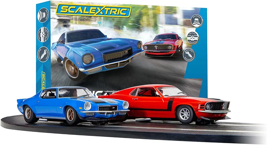 Scalextric C1429T Scalextric American Street Dual (1970s Chevrolet Camaro Vs 1970s Ford Mustang) - Mains Power Slot Car Race Track Sets, 1:32 Scale Set, Electric Racing Toys for Adults & Kids, Age 8+