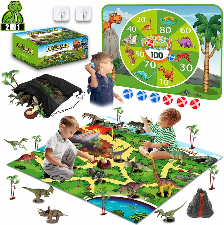 unanscre 2 in 1 Dinosaur Toys for Kids, Activity Play Mat and Kids Dart Board, Realistic Dinosaur Figures Set to Create a Dino World, 40Pcs Educational Toys Gifts for Boys/Girls Age 3+