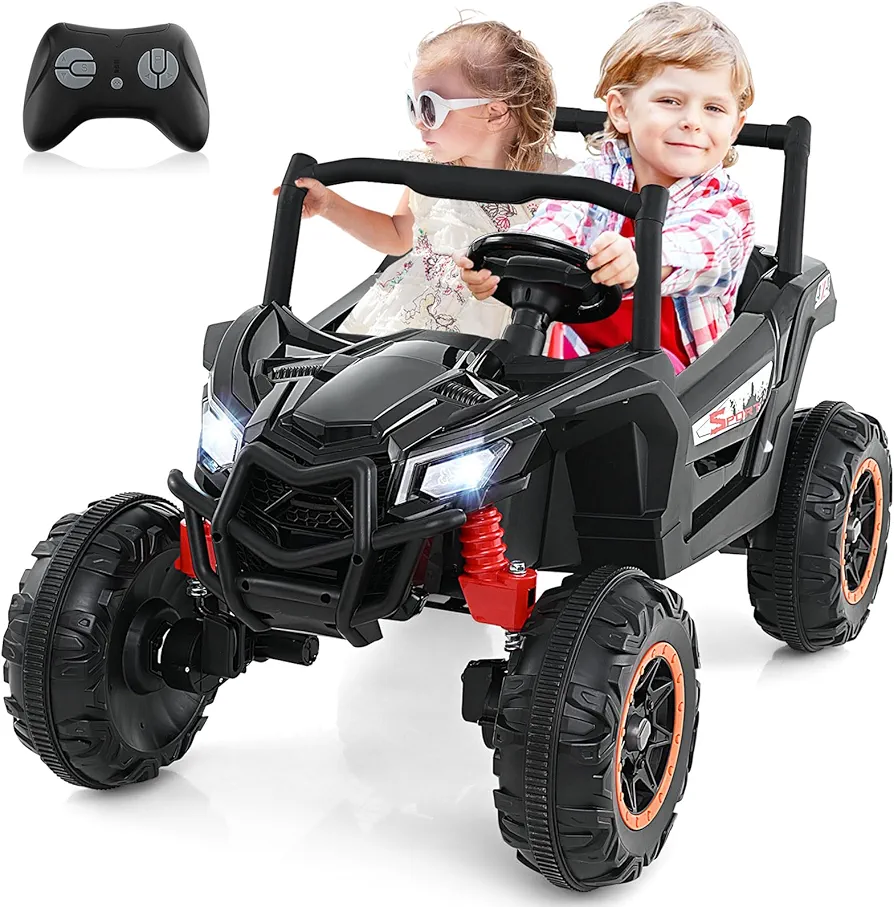 Costzon 24V Kids UTV, 4WD/2WD Switchable Kids Electric Car with Remote Control, 4 x 100W Powerful Engine, Soft Start, 4 Shock Absorbers, High/Low Speed, Music, 2-Seater Ride on Car for Kids 3+ (Black)