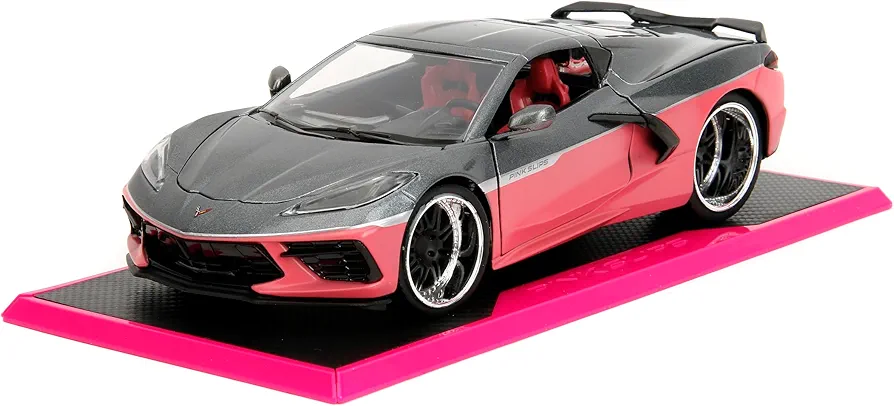 Pink Slips 1:24 W6 2020 Chevy Corvette Die-Cast Car, Toys for Kids and Adults(Metallic Grey/Pink)