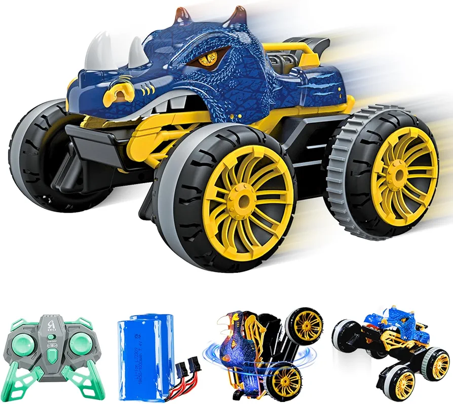 2.4Ghz High-Speed RC Stunt Monster Truck All-Terrain Upright 360° Swivel, Remote Control Car with LED Lights Toy for Boys Ages 4-13 Gift Suitable for All Surfaces with Stomping Action