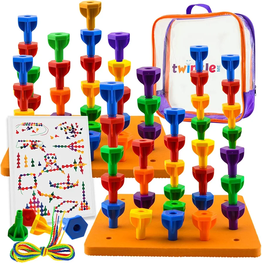 Pegs Board Game Set Jumbo Pack | 48 Pegs + 2 Boards & Storage Bag W/Handle Easy to Carry. for Motor Skills Sorting Counting Color Recognition Occupational Therapy Toddler and Preschool by Twinkle me