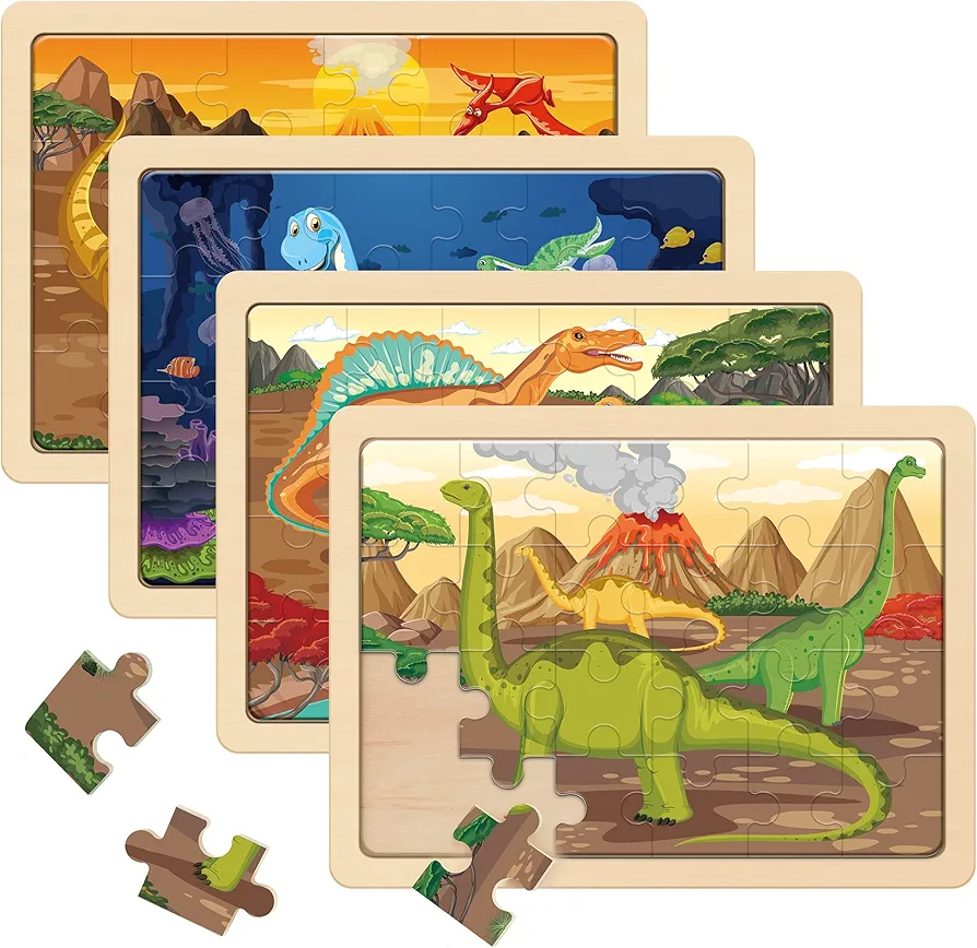 SYNARRY Large Dinosaur Wooden Puzzles for Kids 4 in 1 Gift Box(12.2*9.4 in) - FSC Certified, Jigsaw Puzzles for Toddlers 2-4, Puzzles for Kids Ages 4-6, Dinosaur Toys Gifts for 3 4 5 Year Old Boy Girl