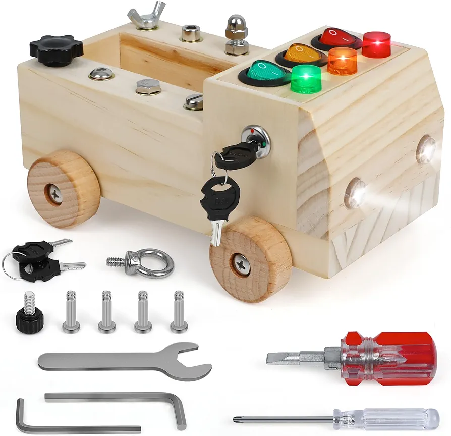 Wooden Truck Montessori Busy Board for Toddlers, Fine Preschool Motor Skills Learning Toy Tool Set with Screwdriver, Lights, Switches, Key, Button, Sensory Educational Montessori Wooden Car for Kids