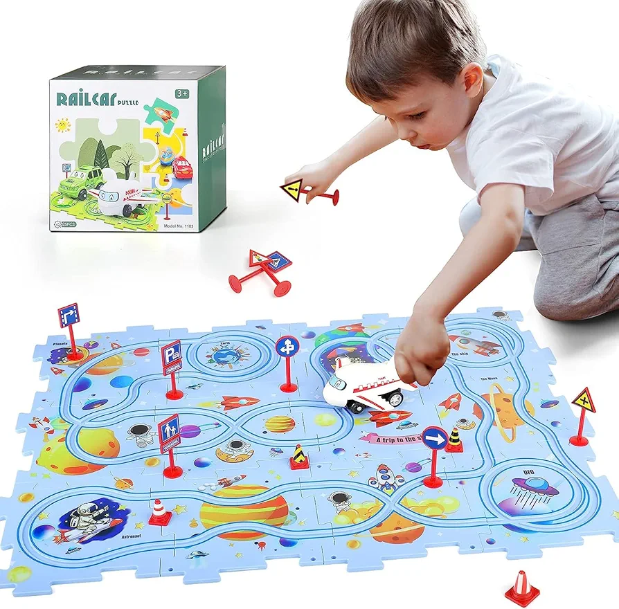 Puzzle Racer Kids Car Track Set, Puzzle Car Track Play Set, Rail Car Puzzle Track, Puzzle Tracks with Vehicles, Railcar Track Toys for Boys, Preschool Educational Car Games Gift Toys